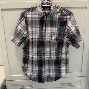 NAUTICA Plaid Red Blue Cream Short Sleeved Shirt Men's Medium